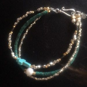 Turquoise Cross and Pearl Layered Bracelet